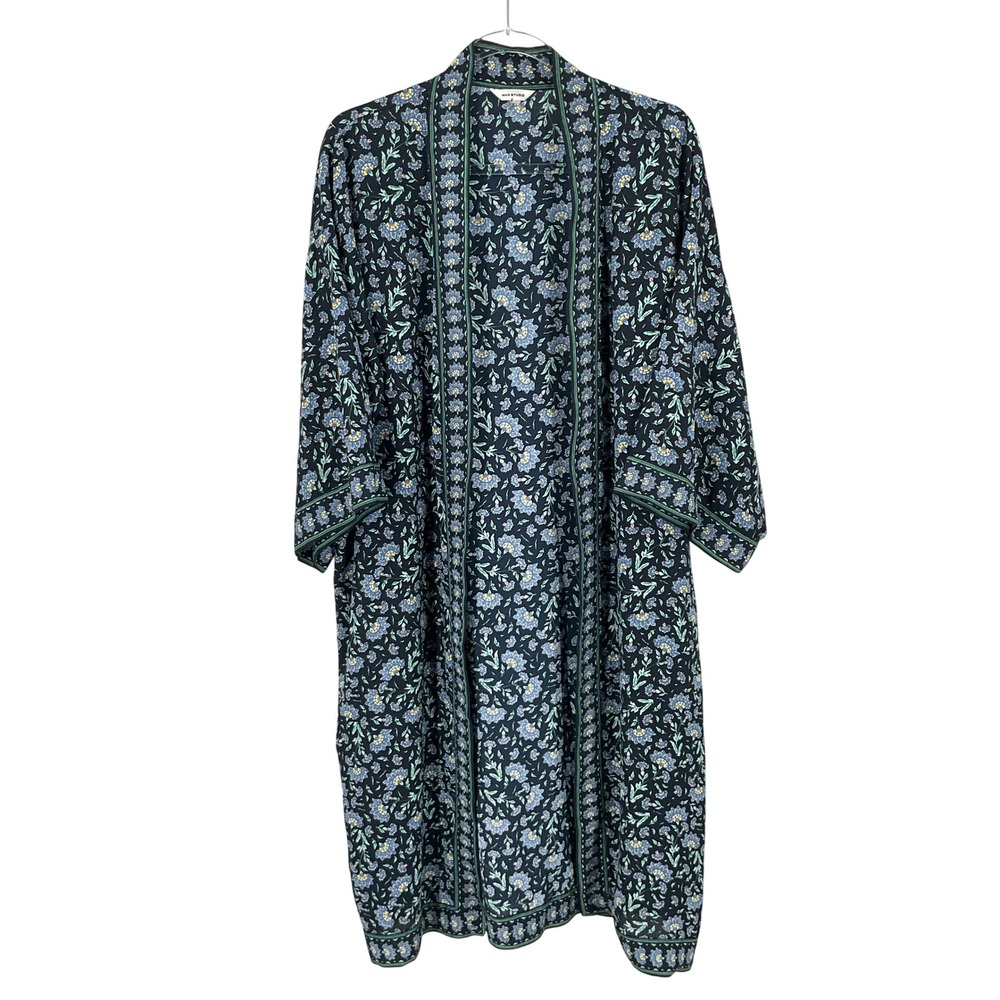 Max Studio Kimono Duster Women L Blue Floral Coastal Bohemian Romantic Airy